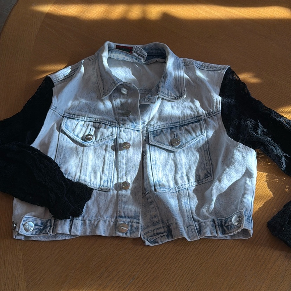 Denim Vest with Black Lace Sleeves